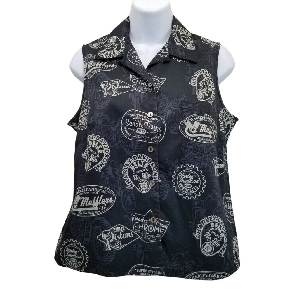 Harley Davidson Tori Richard S Shirt Top Blouse Sleeveless Black Logo Print Moto